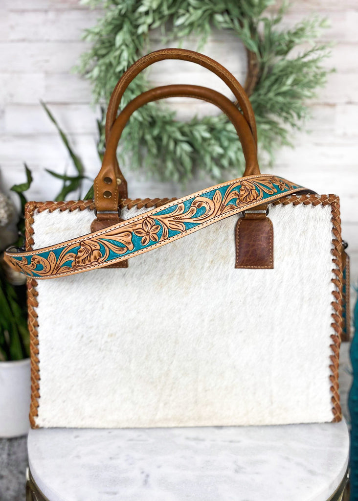 Teal Floral Purse Strap on cowhide purse 