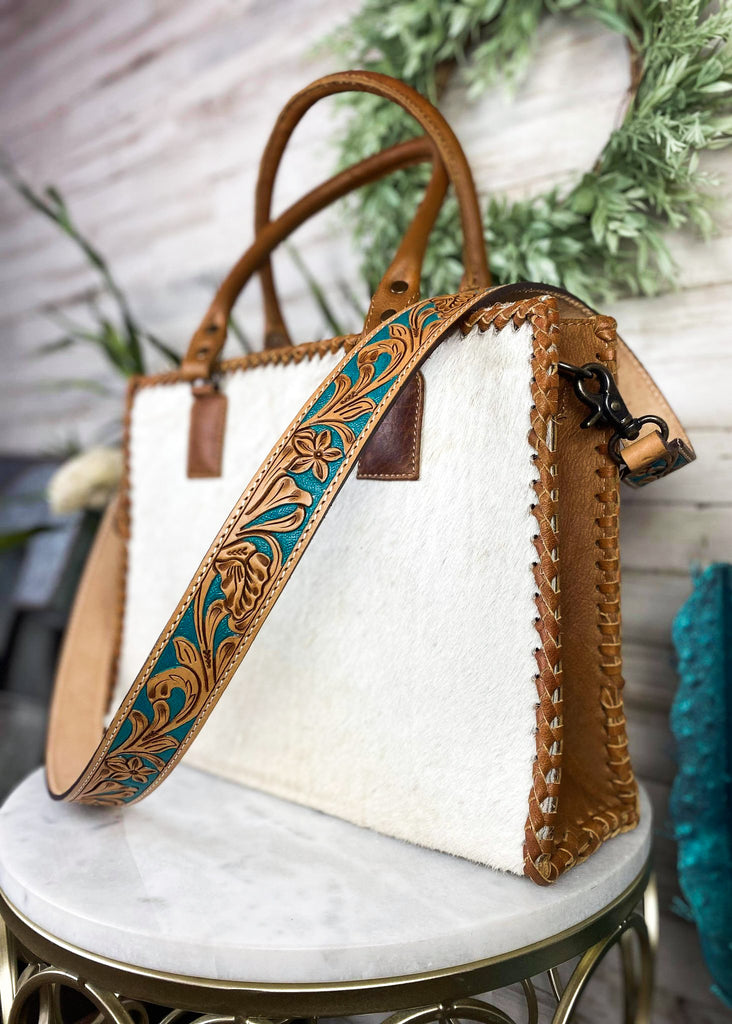 Teal Floral Purse Strap on cowhide purse 