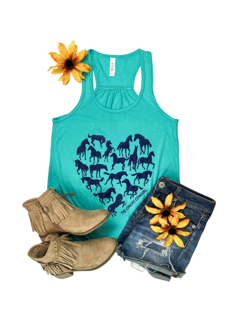 Teal Horse Heart Tank Top tcc graphic tee The Cinchy Cowgirl   