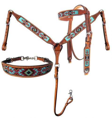 Teal & Brown Beaded 3 Piece Headstall Set headstall set Shiloh   
