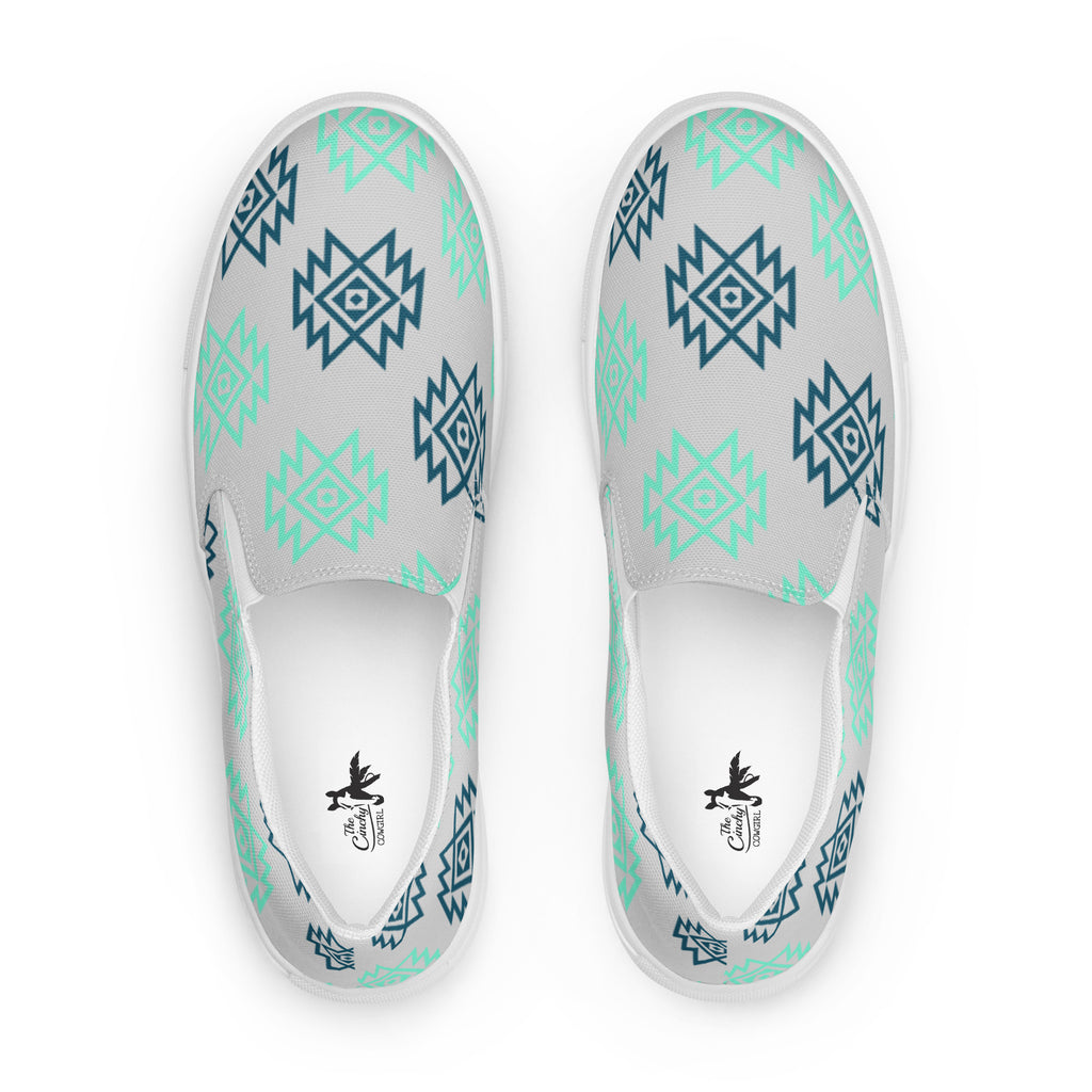 Mint & Navy Aztec Slip On Sneaker Shoes POD Slip On The Cinchy Cowgirl 5  